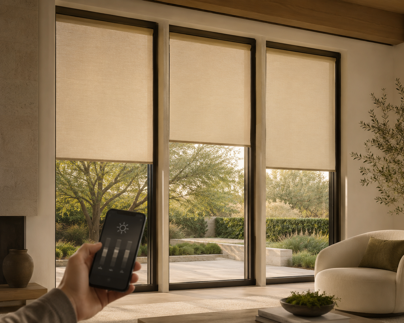 Motorized shades lowering over a wall of windows at dusk