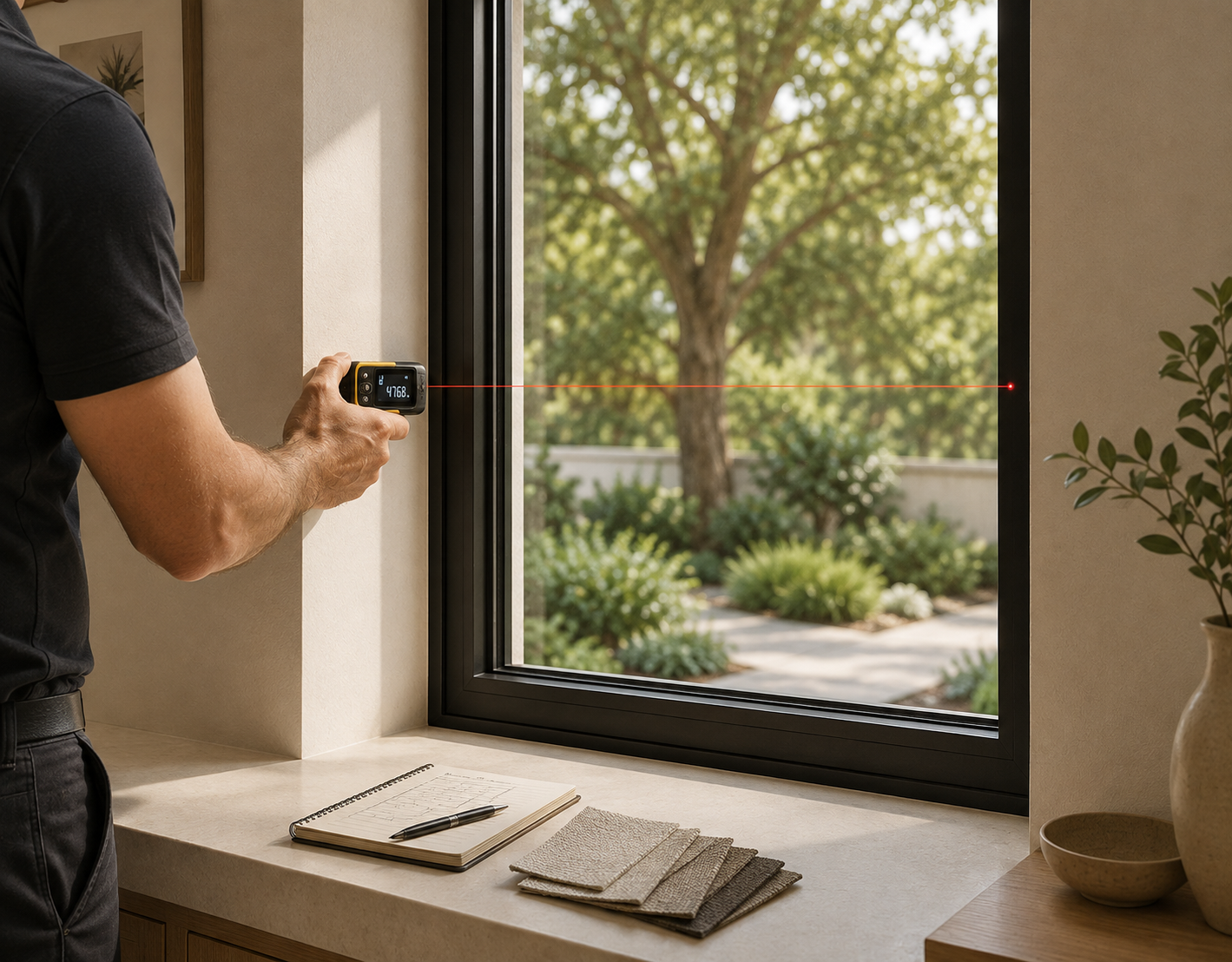 Professional measuring a window