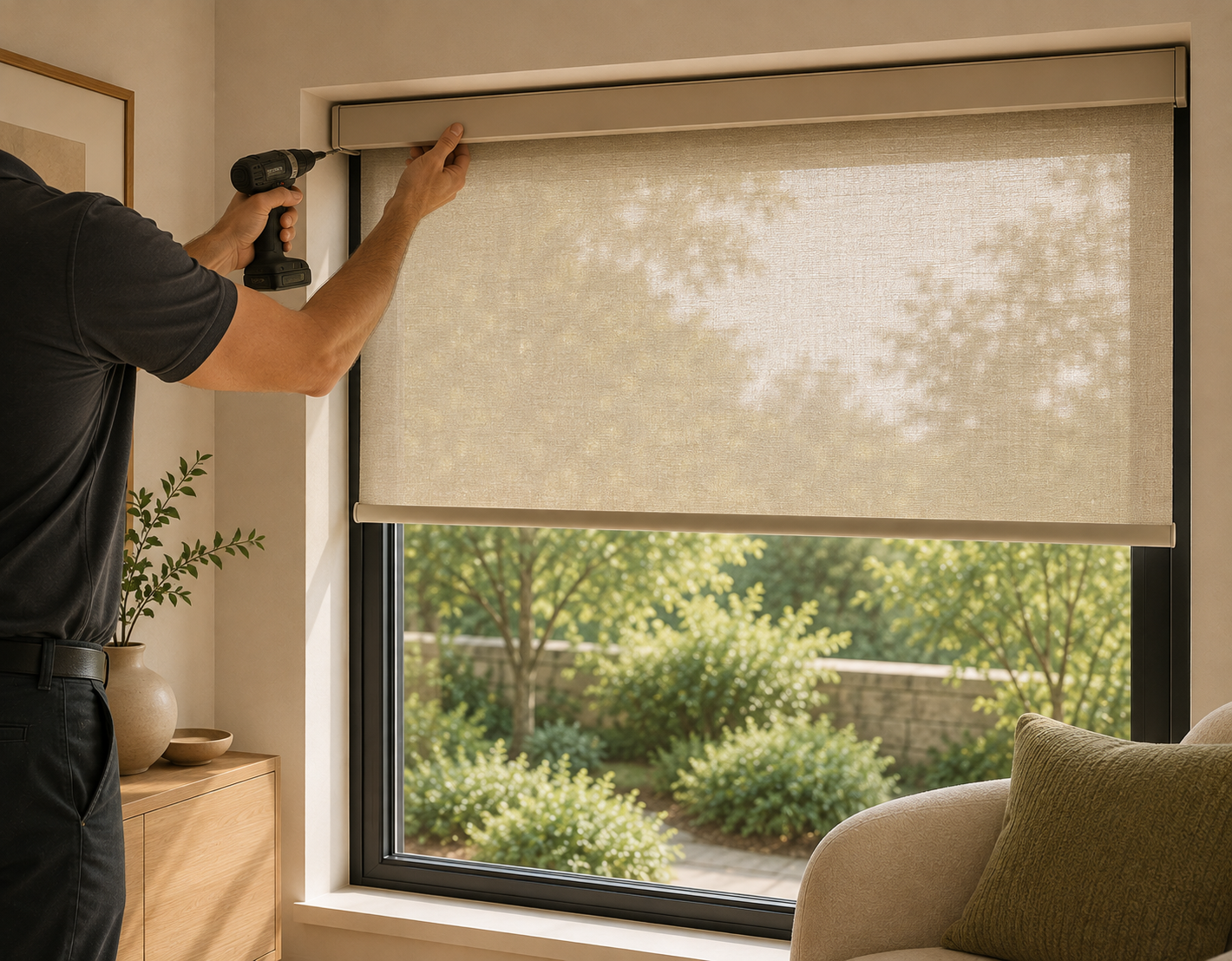 Installer adjusting a finished shade