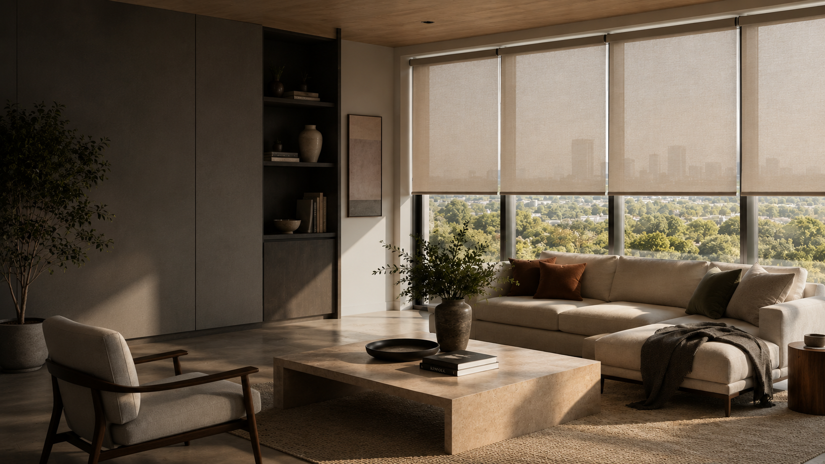 Contemporary Dallas living room with custom shades